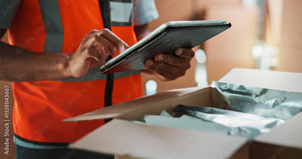 Poster hands, tablet and package for shipping at warehouse with scroll, inventory and check with supply cha
