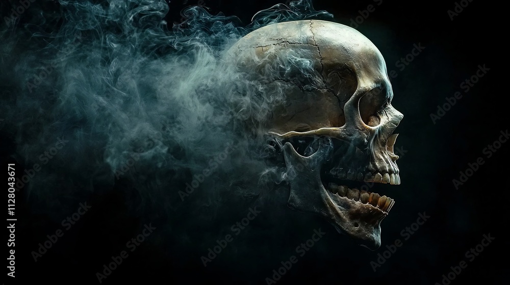 Poster dramatic visual of a skull formed from swirling cigarette smoke hovering ominously over a stark blac