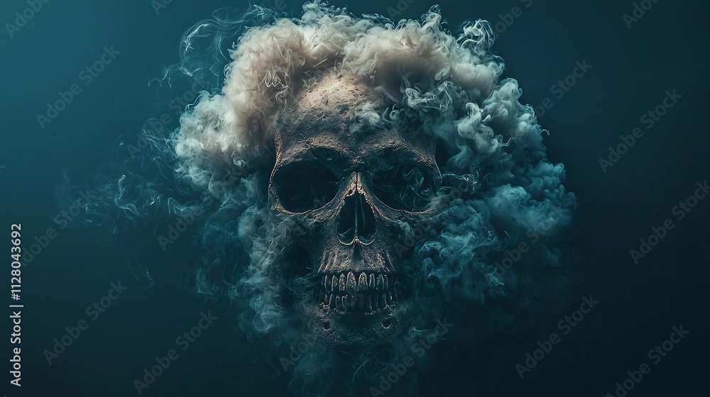 Poster a dramatic and haunting visual of a skull formed entirely from billowing cigarette smoke hovering ov