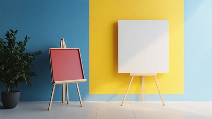 Blank Canvases on Easels Against Colorful Walls.