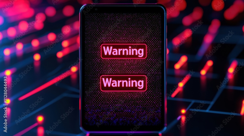 Aufkleber fraudulent spam calls and technology concept. digital warning message on a smartphone with neon ligh