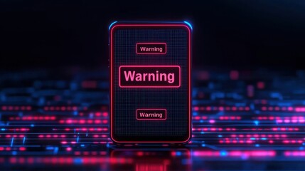 Fraudulent spam calls and technology concept. Digital warning sign with neon elements on a tech background.