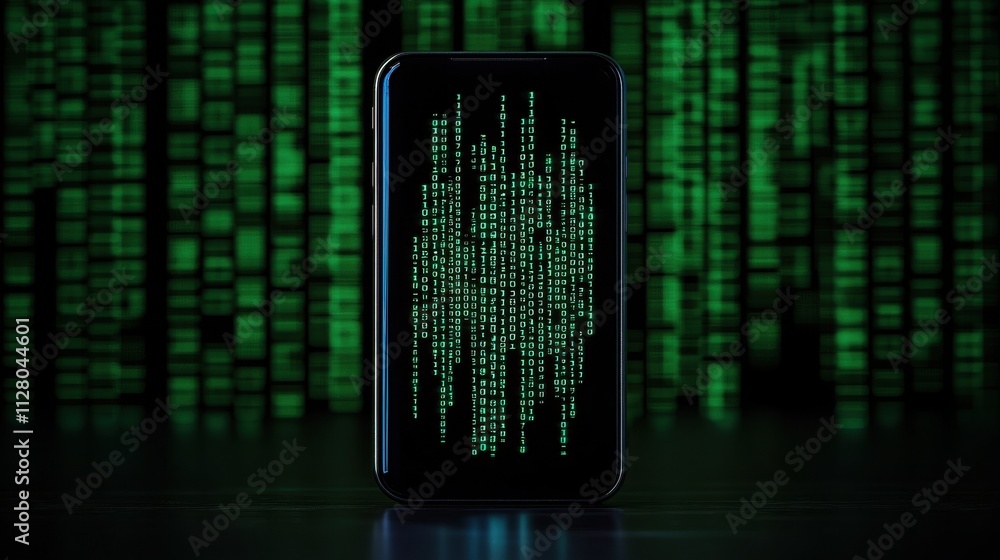 Poster fraudulent spam calls and technology concept. smartphone displaying green code against a digital bac