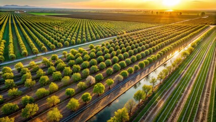 Aerial View: California Almond Orchards, Merced County Irrigation, Santa Nella Farming