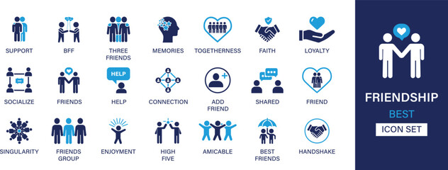 Friendship best solid icon set collection. Support, bff, three friends, memories, togetherness, faith, loyalty, socialize, friends and vector illustration.