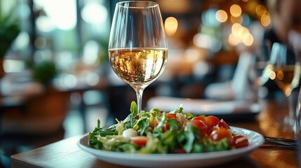 Joyful Couple Celebrating with White Wine and Salad in Fine Dining Restaurant
