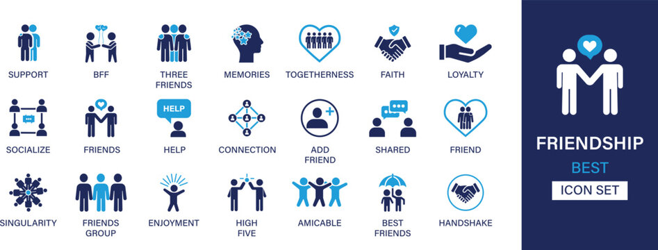 Friendship best solid icon set collection. Support, bff, three friends, memories, togetherness, faith, loyalty, socialize, friends and vector illustration.