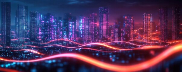 Obraz premium Futuristic Neon Cityscape Background for Technology and AI Applications