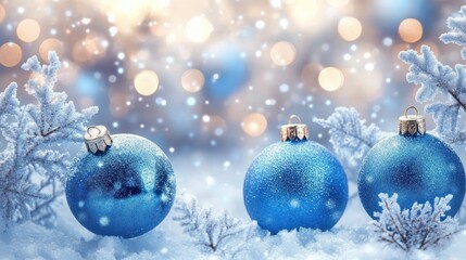 Blue Christmas Decorations with Snowflakes in a Serene Winter Background