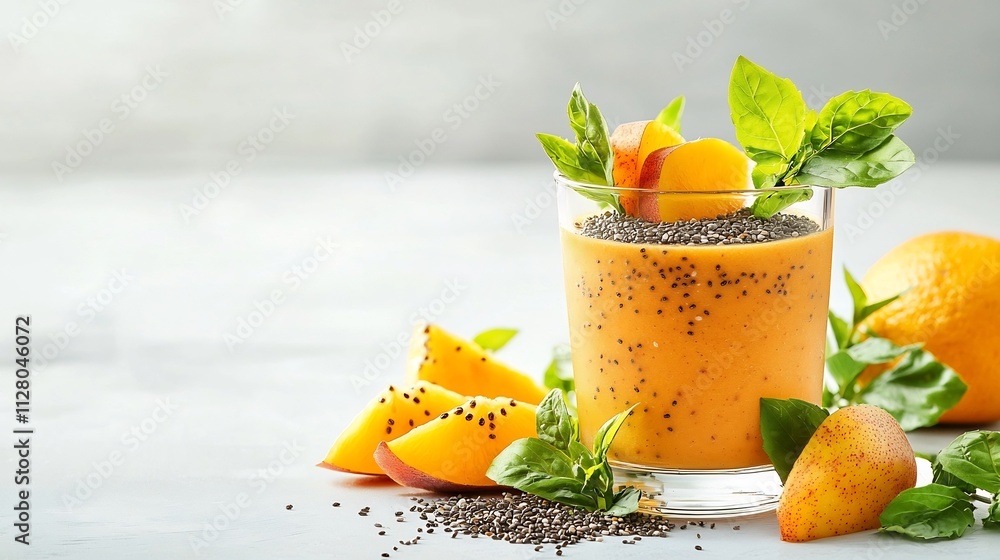 Aufkleber closeup of a refreshing fruit smoothie served in a clear glass topped with fresh slices of fruit and