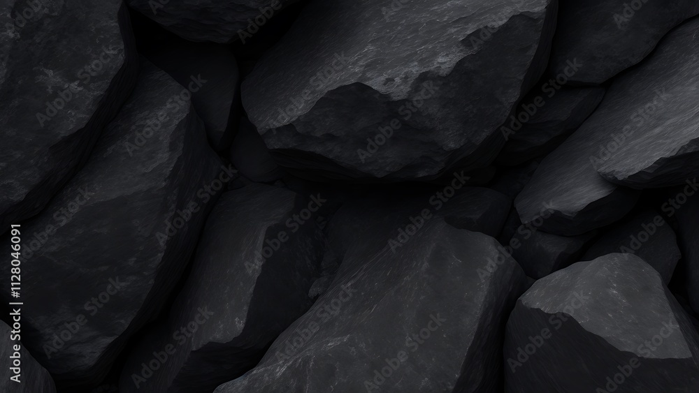 Poster high-resolution abstract digital artwork of dark textured rock formations with depth and rugged deta