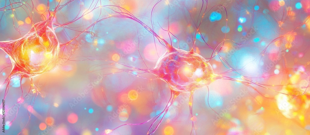 Poster microscopic view of neurons with vibrant colors and bokeh effect.