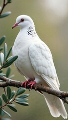 Obraz premium Elegant white dove perched on a branch surrounded by green leaves in a serene setting 