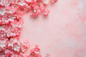 Fototapeta premium Delicate Pink Blossoms Border on Pastel Background: Spring Floral Photography