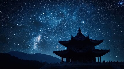 Fototapeta premium Starry Sky with Silhouetted Pagoda