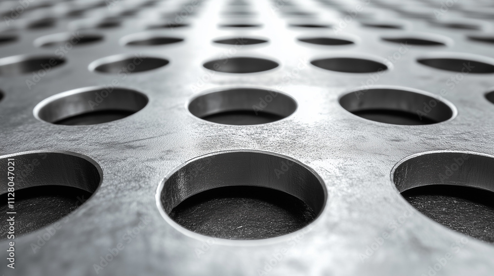 Poster metal perforated sheet: a close-up perspective of a metallic sheet with a repeating pattern of circu