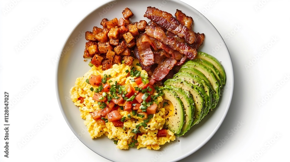 Poster appetizing keto breakfast plate featuring fluffy scrambled eggs crispy bacon slices and fresh avocad