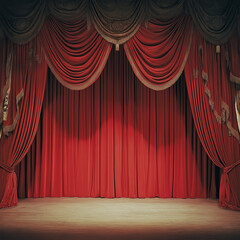 red stage curtains with spotlight, generative AI illustration