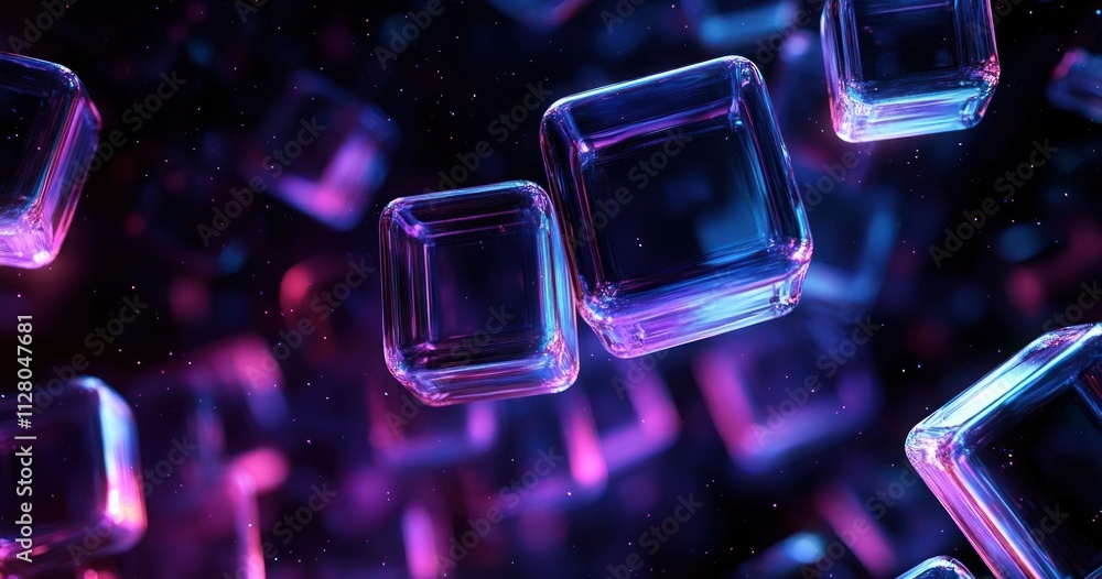 Poster vibrant abstract composition with translucent cubes and soft glow in dark space