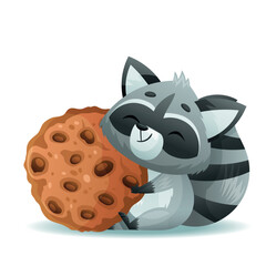 An adorable raccoon is happily cuddling a large, delicious chocolate chip cookie with great joy and enthusiasm