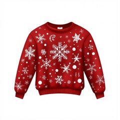 Ugly sweater festive celebrate concept. Red sweater adorned with white snowflakes, perfect for winter and holiday celebrations.