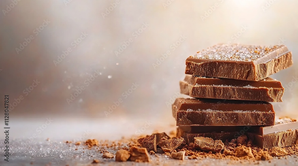 Aufkleber Close up photograph of a cracked chocolate bar with visible sugar crystals set against a blurred white background allowing for clean copy space at the top of the frame  The image has a minimalist