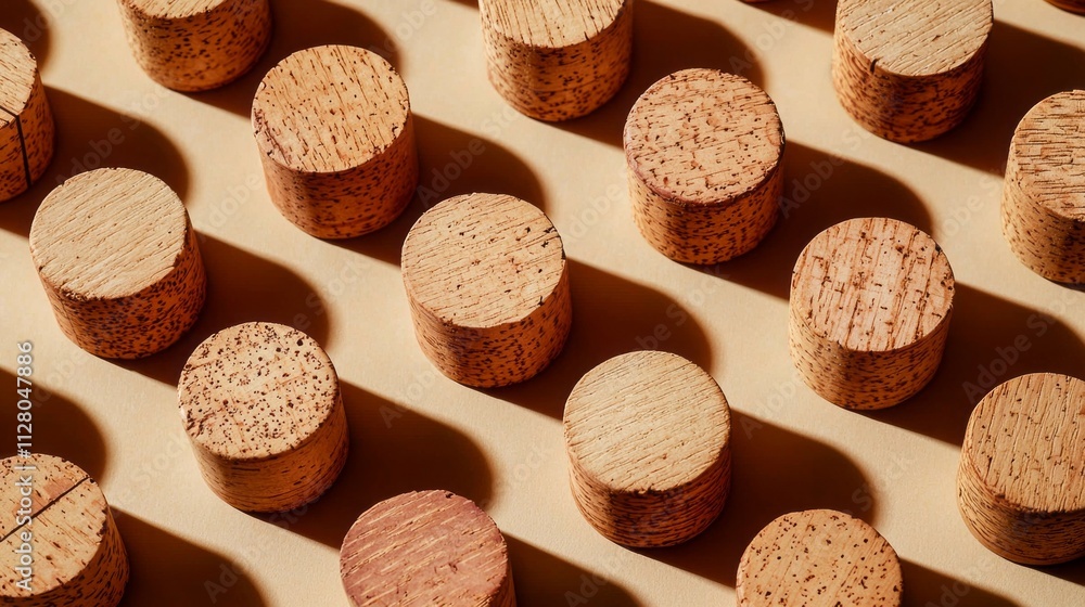 Poster Close-up of circular cork pieces arranged in a meticulous pattern, their textures and shadows interacting with soft light, creating an aesthetic masterpiece
