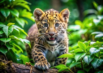 Obraz premium Endangered Amur leopard cub pounces amidst vibrant greenery; a captivating conservation image.