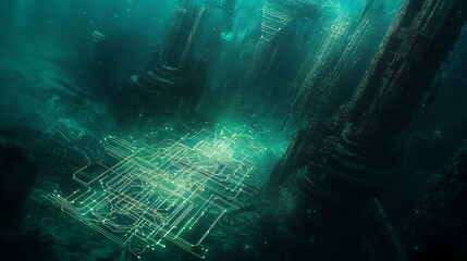 Submerged Futuristic Cityscape: Glowing Circuitry on Ocean Floor
