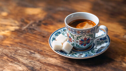 Obraz premium Close-up of Turkish coffee in an ornately decorated ceramic cup with Turkish delights on the side. - Generative AI