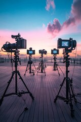 Fototapeta premium Sunrise Photography Setup on Rooftop Deck - Professional Cameras and Tripods Ready for Action