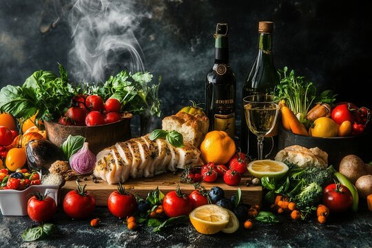 Sliced roasted chicken breast with fresh vegetables, herbs, and wine.