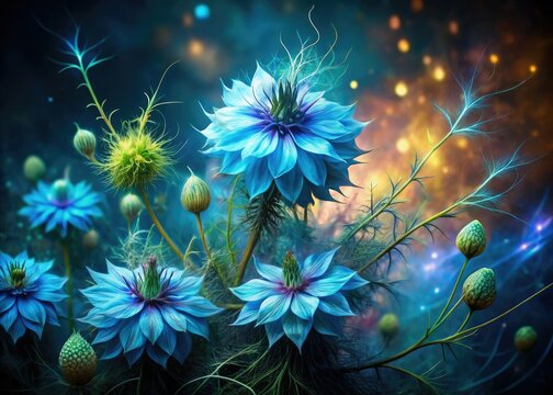 Ethereal black cumin seeds and electric blue nigella flowers create surreal botanical photography.