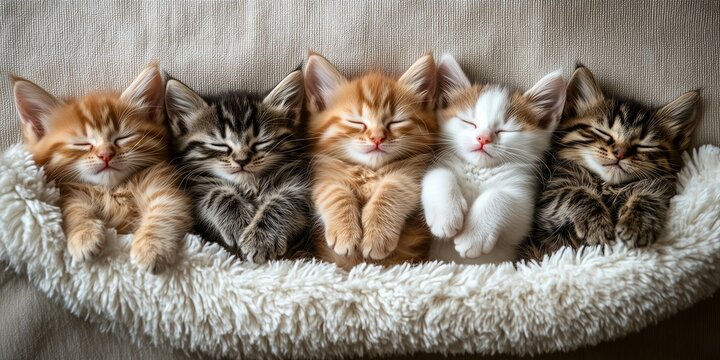Five kittens sleeping together on a soft fluffy blanket