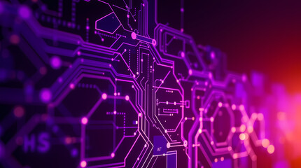Abstract close-up of a purple circuit board design featuring interconnected paths and nodes, showcasing technology elements.