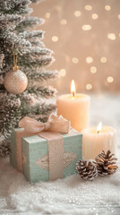 gift box, ribbon, christmas tree, glitter, candle, snowflake, fairy tale, fantastic