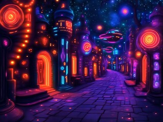 Neon Lit Alien City Street at Night