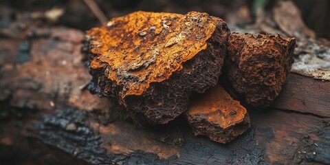 Fototapeta premium Close-up of raw chaga mushroom on decayed wood