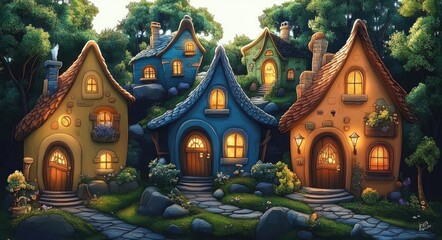 Fototapeta premium Whimsical Fairy Tale Cottages and Colorful Forest Elements for Magical Design
