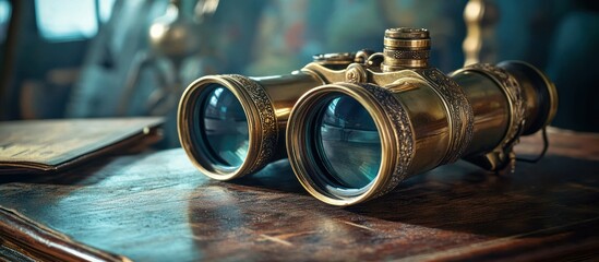 Antique brass binoculars on wooden table.