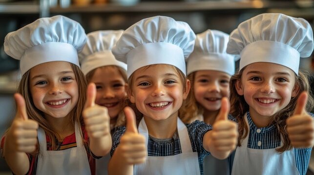 Joyful Children in Chef Hats Engaging in Baking Activities in a Colorful Kitchen