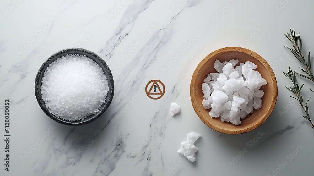 Poster magnified close up of a minimalist salt crystal displayed alongside a cautionary warning symbol set 