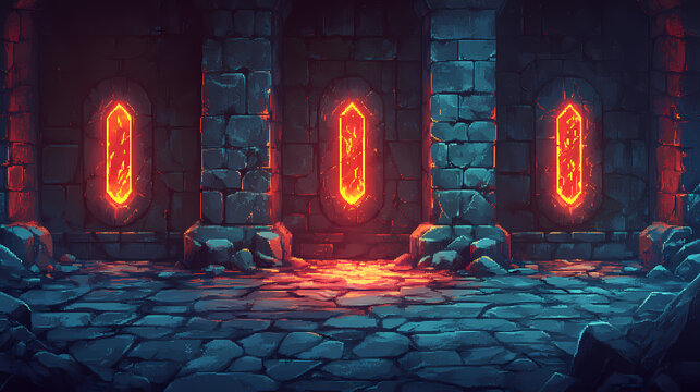 Retro pixel dungeon with glowing runes, stone walls - rpg perilous adventure background. Runestone. Illustration