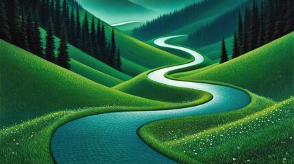 A green path leads to the distance in the forest,