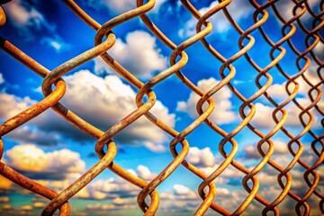 Fototapeta premium Double Exposure: Chain Link Fence & Sky - Surreal Blue Sky Metal Mesh Photography