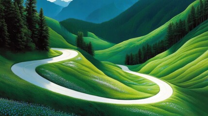 A green path leads to the distance in the forest,