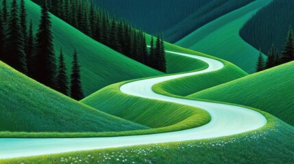 A green path leads to the distance in the forest,