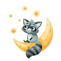 An adorable and playful raccoon is sitting joyfully on a crescent moon, surrounded by a multitude of glowing stars