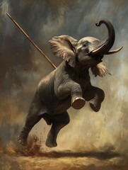 A vibrant illustration of an elephant joyfully leaping through a dynamic, earthy landscape.