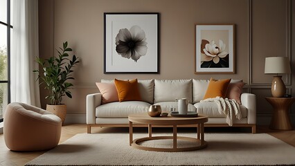 Creative composition of living room interior with mock up poster frame, boucle sofa, wooden coffee table, round carpet, white armchair, magnolia and personal accessories. Home decor. Template.